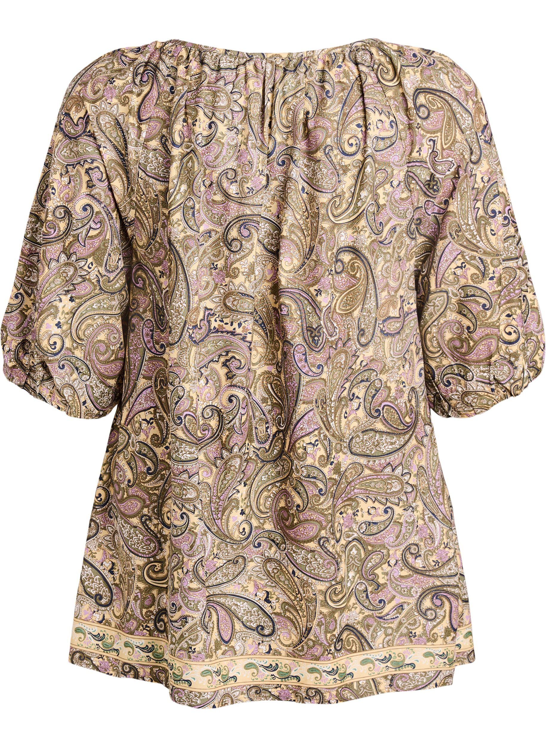 ZizziPaisley-kuvioinen viskoosipusero ny&ouml;rill&auml;, Keltainen, Packshot image number 1