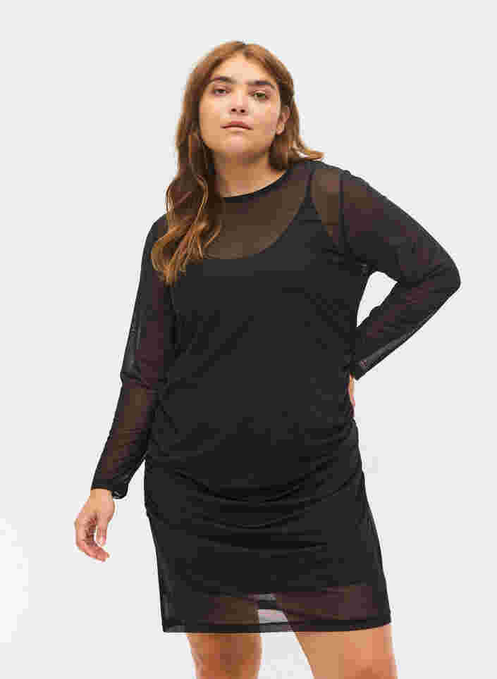 Tyköistuva mekko mesh-kankaasta 3/4-hihoilla, Black, Model