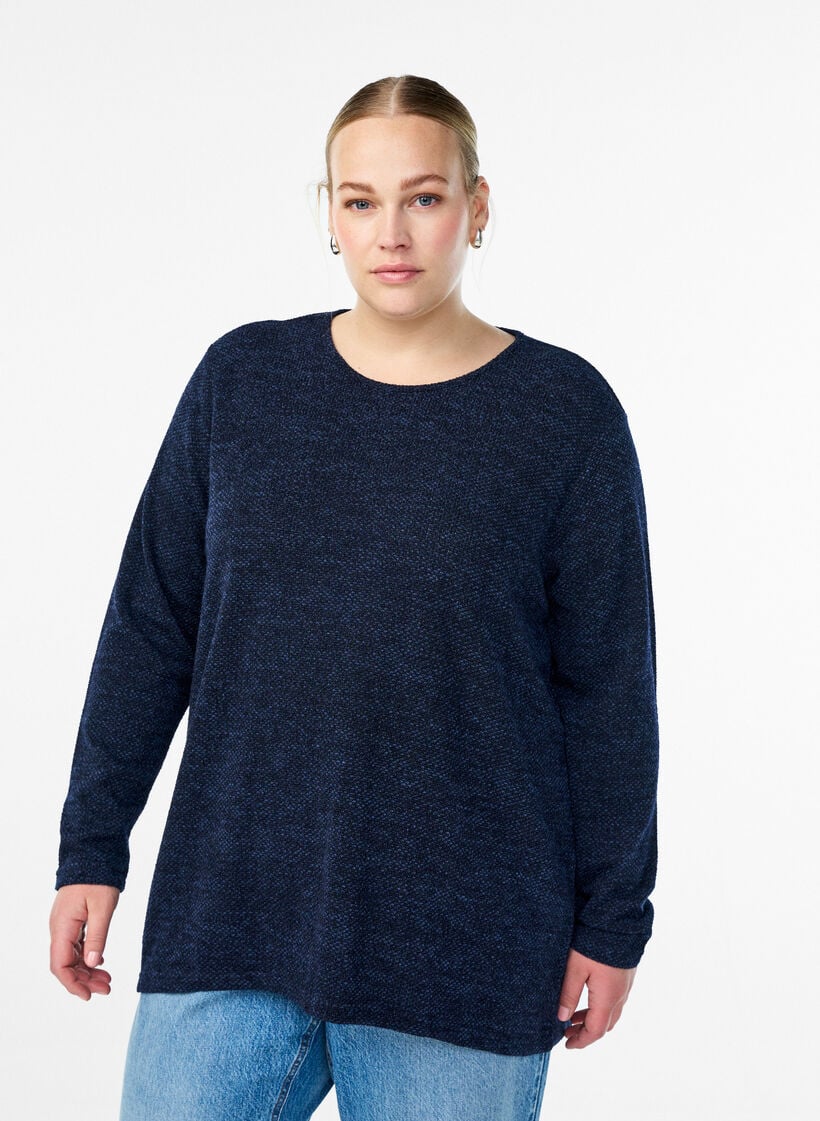 Pitk&auml;hihaiset pusero rakenteella, Sininen, Model image number 0