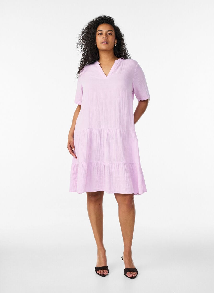 Lyhyt A-linjainen mekko puuvillamusliinista, Violetti, Model image number 1