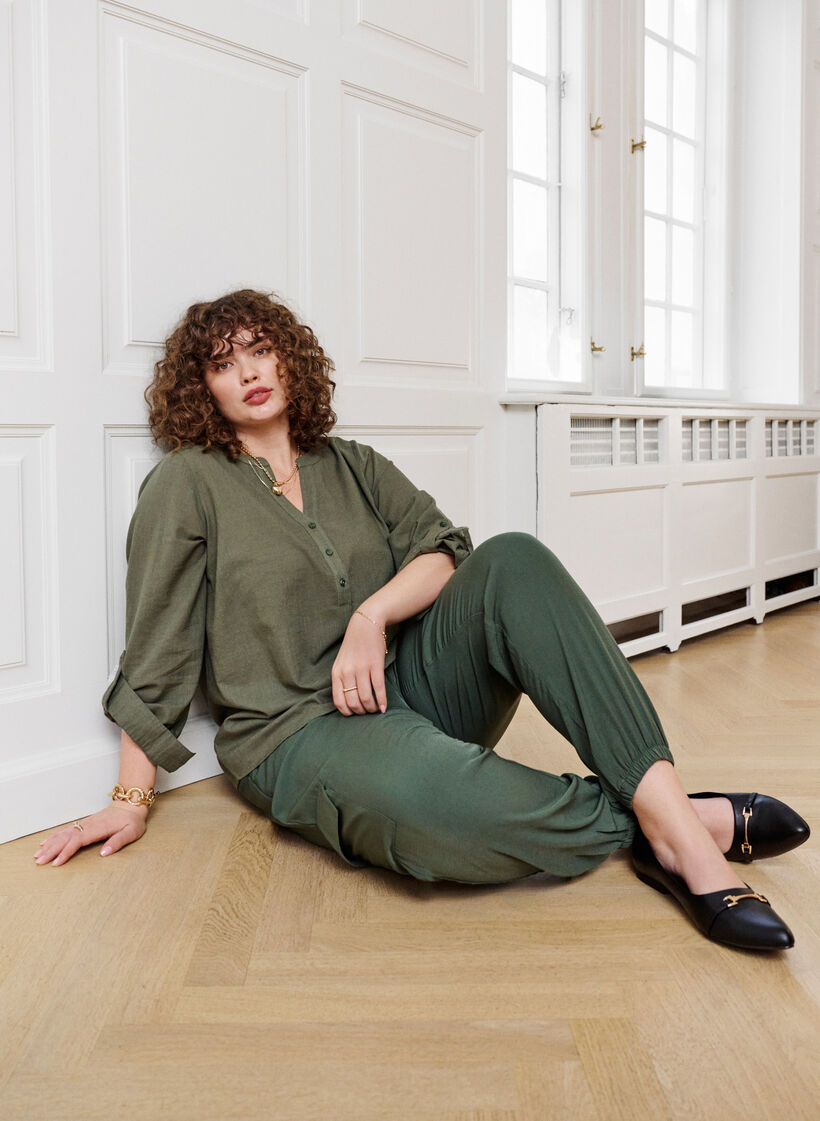 Puuvillainen paitapusero v-aukolla, Thyme, Image image number 0