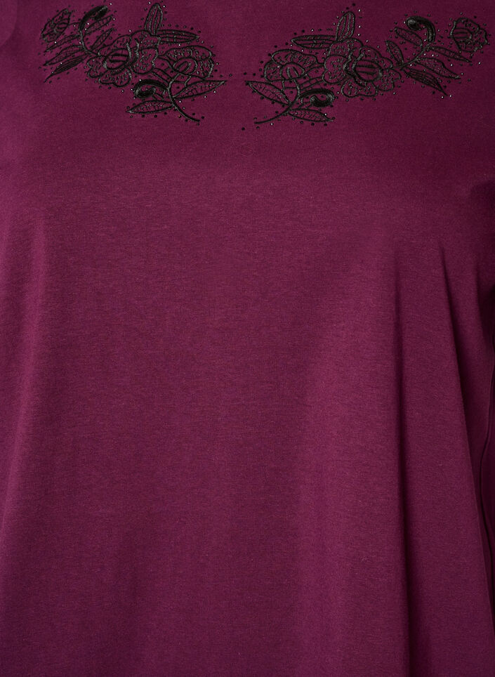 T-paita kukkakirjailulla ja strasseilla, Violetti, Packshot image number 2
