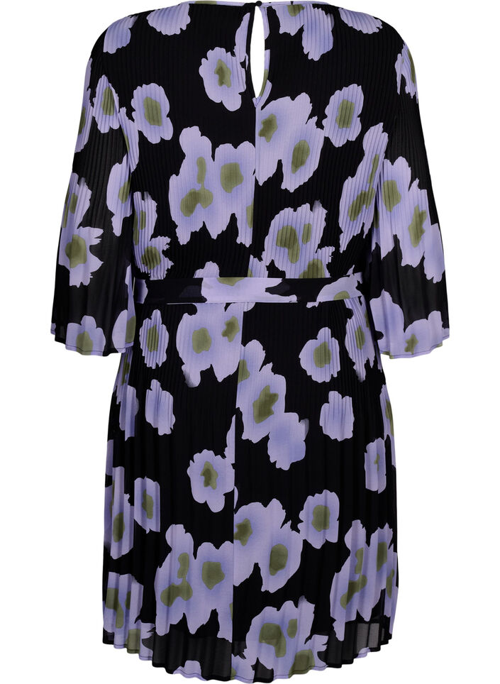 Pliseerattu mekko nauhalla, Black w. Floral, Packshot image number 1