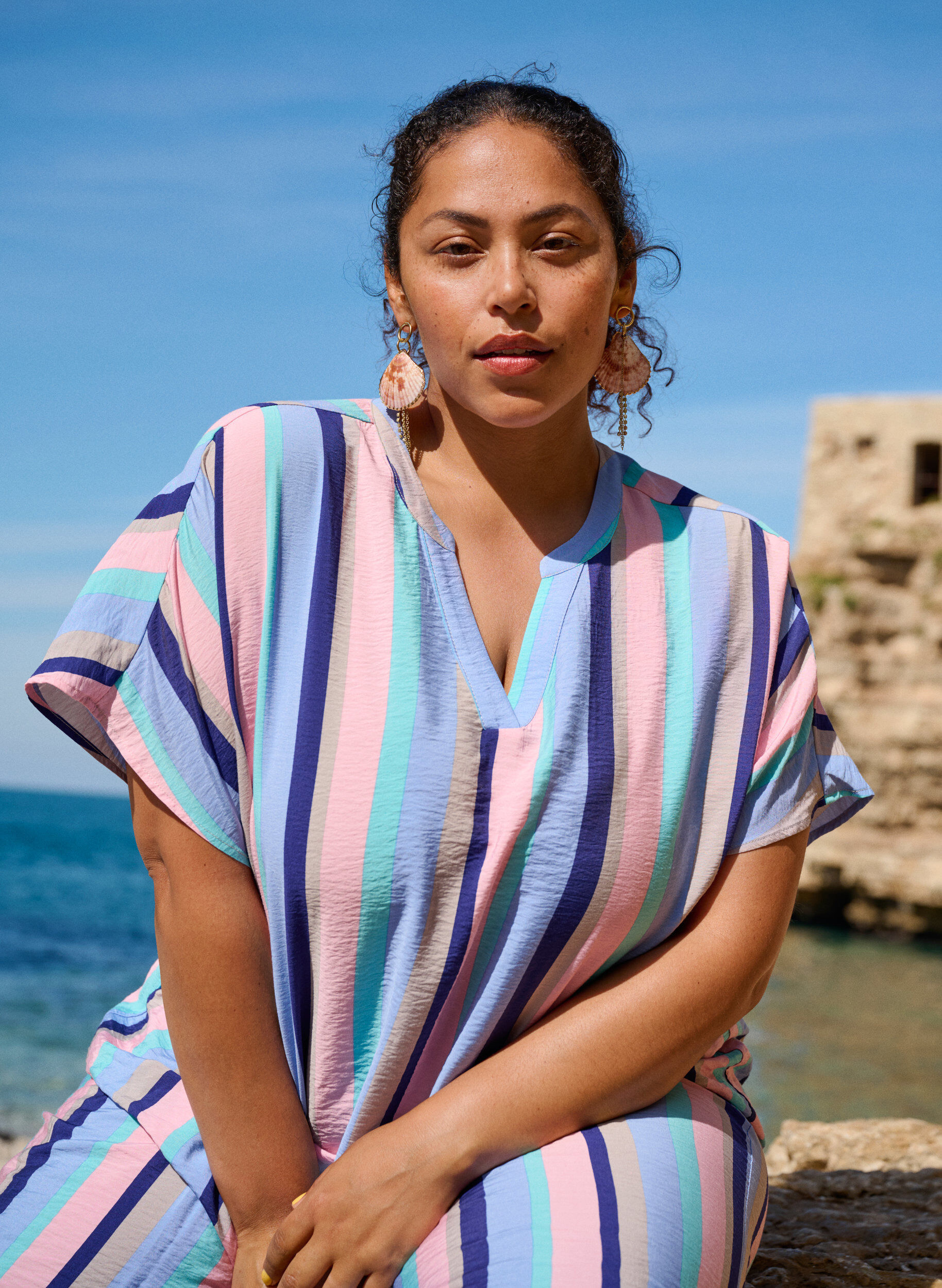 Zizzi Raidallinen viskoosipusero lyhyill&auml; hihoilla, Sininen, Image image number 0