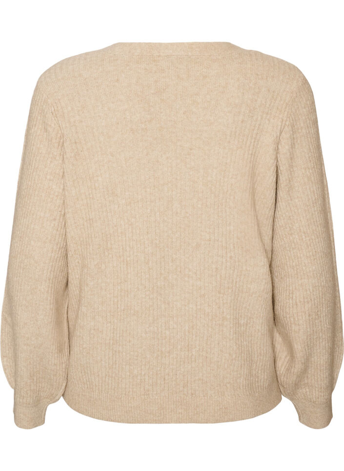 Neuletakki V-p&auml;&auml;ntiell&auml; ja ribatulla tekstuurilla, Beige, Packshot image number 1