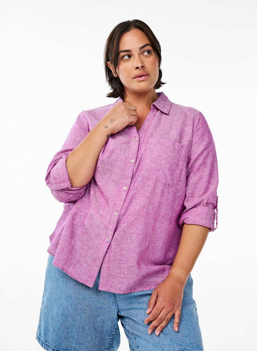Paita pellavaa ja viskoosia, 3/4-hihoilla, Violetti, Model image number 0
