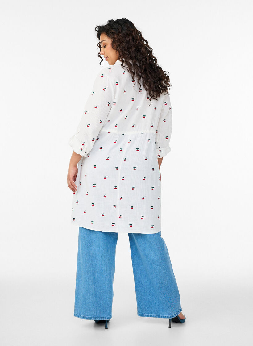 Puuvillamusliininen paitamekko kirjailtuine kuvioineen, Vanilja, Model image number 2