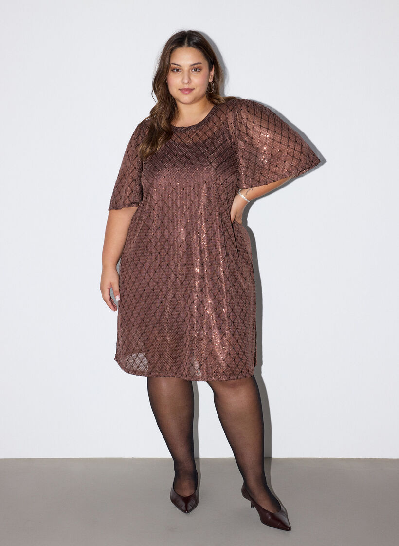 Lyhyt paljettimekko timanttikuvioinnilla, Ruskea, Model image number 1