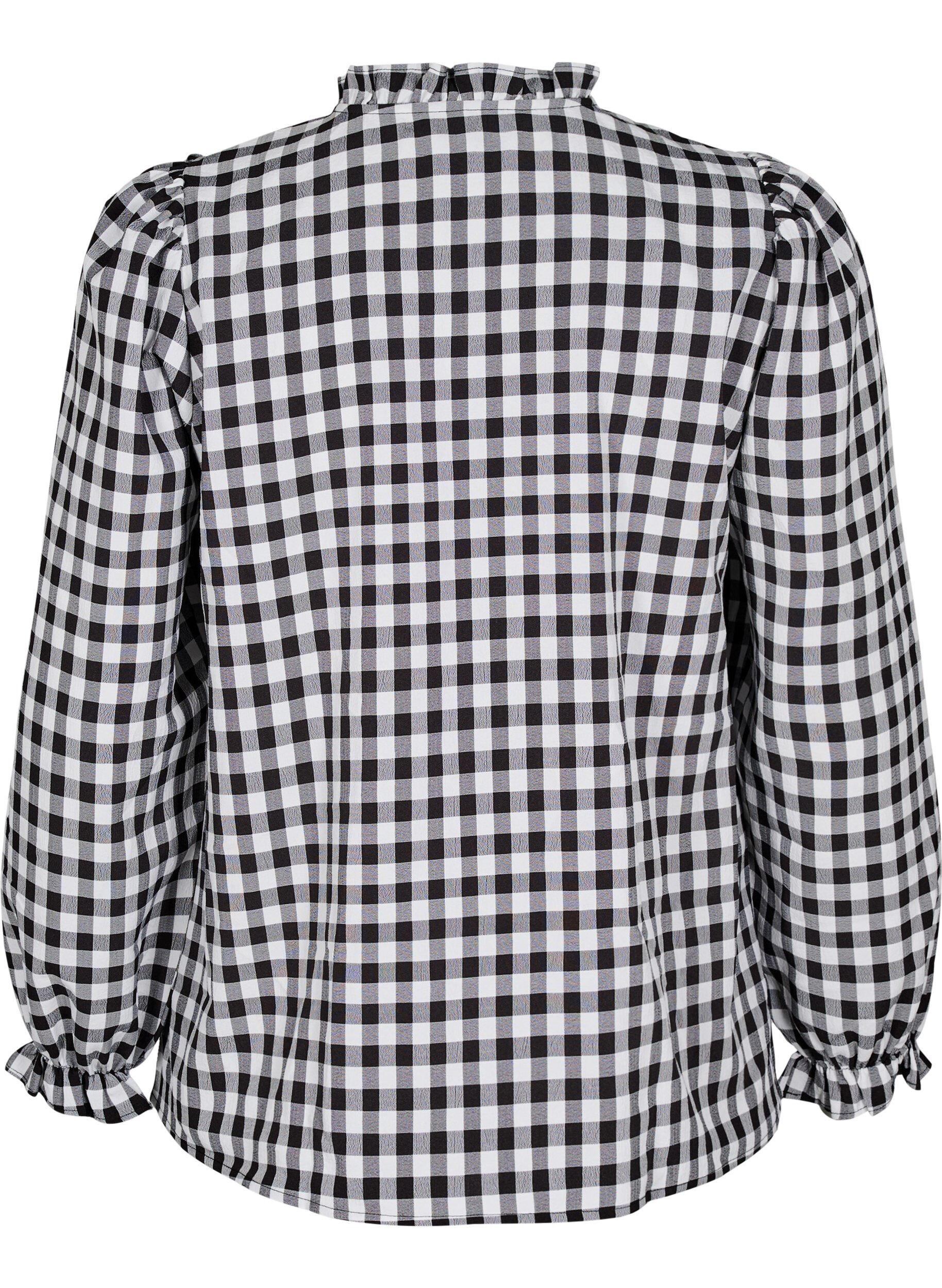 Zizzi Ruudullinen paitapusero r&ouml;yhel&ouml;yksityiskohdilla, Black/W. Gingham, Packshot image number 1