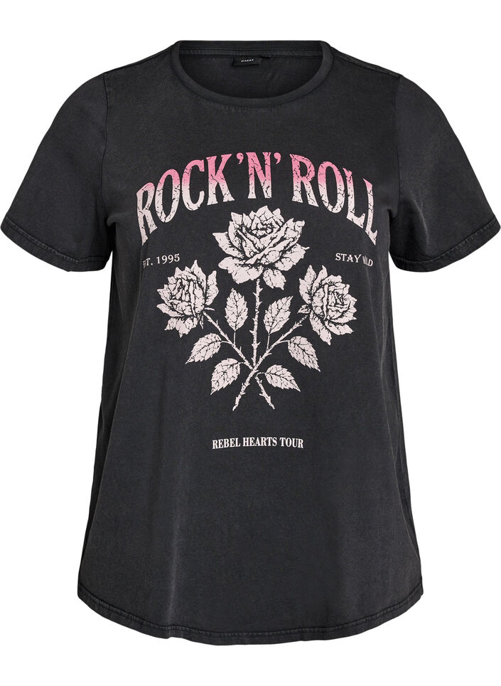 Luomupuuvillainen T-paita rockprintill&auml;, Musta, Packshot image number 0