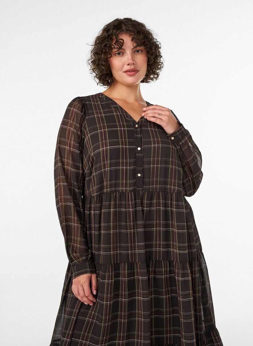 Ruudullinen midimekko kerroshelmalla, Ruskea, Model image number 2