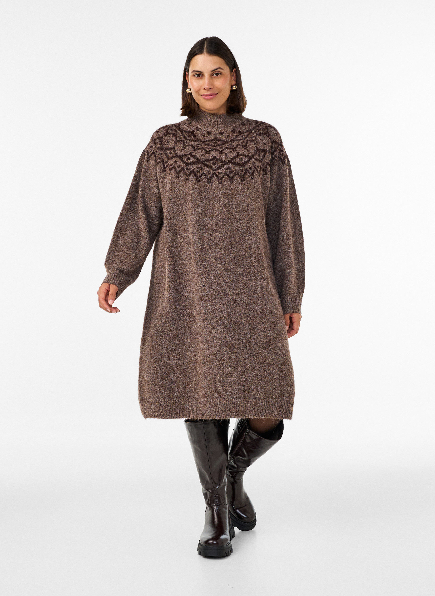 ZizziNeulemekko jacquard-kuviolla, Ruskea, Model image number 1