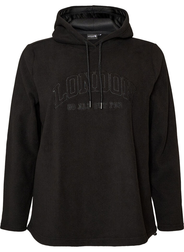 Fleece-huppari korkealla kauluksella ja brodeeratulla tekstill&auml;, Musta, Packshot image number 0