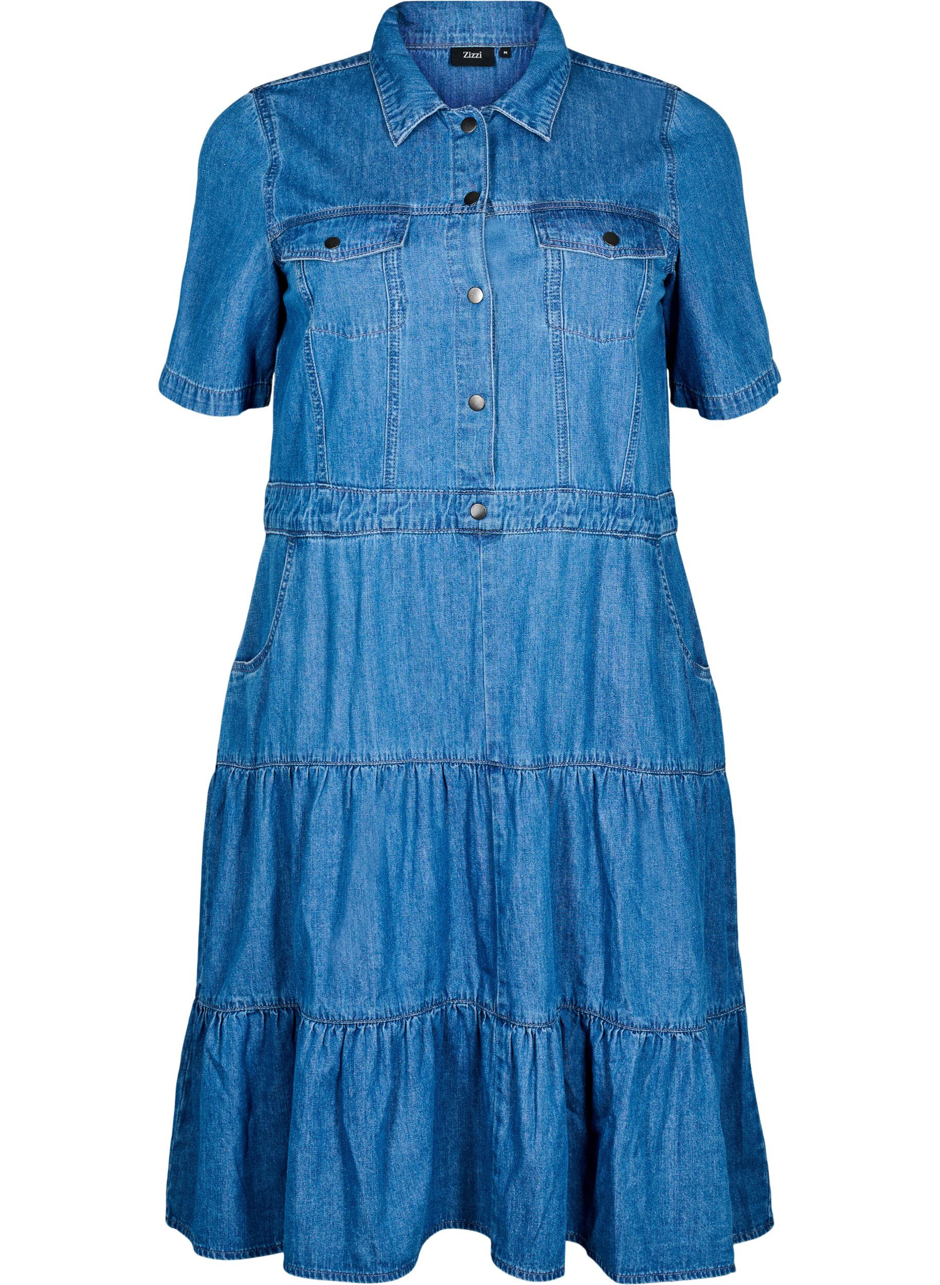 ZizziMidimittainen denimmekko napeilla ja lyhyill&auml; hihoilla, Sininen, Packshot image number 0