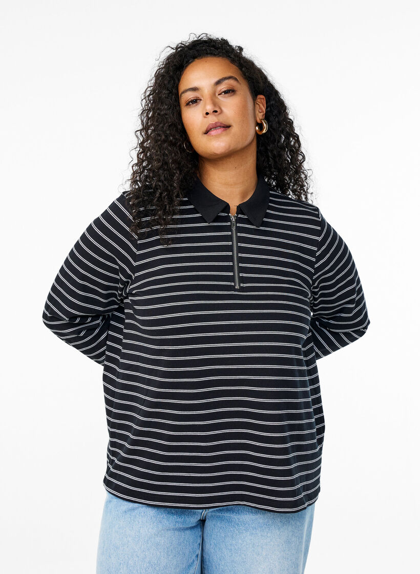 Raidallinen pikeepaita vetoketjulla, Musta, Model image number 0