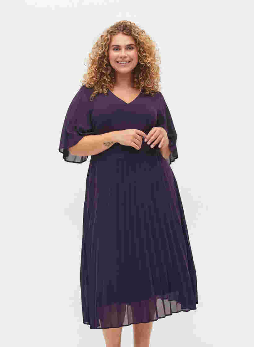Pliseerattu mekko lyhyillä hihoilla, Purple Velvet, Model image number 0