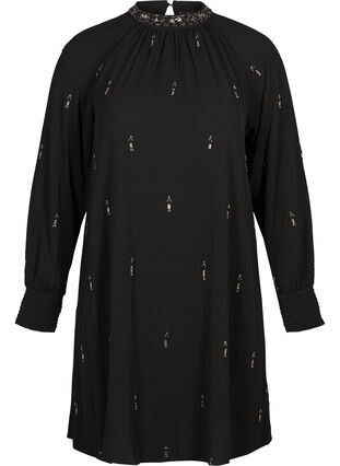 Pitkähihainen mekko helmillä ja smokkirypytyksellä, Black, Packshot image number 0
