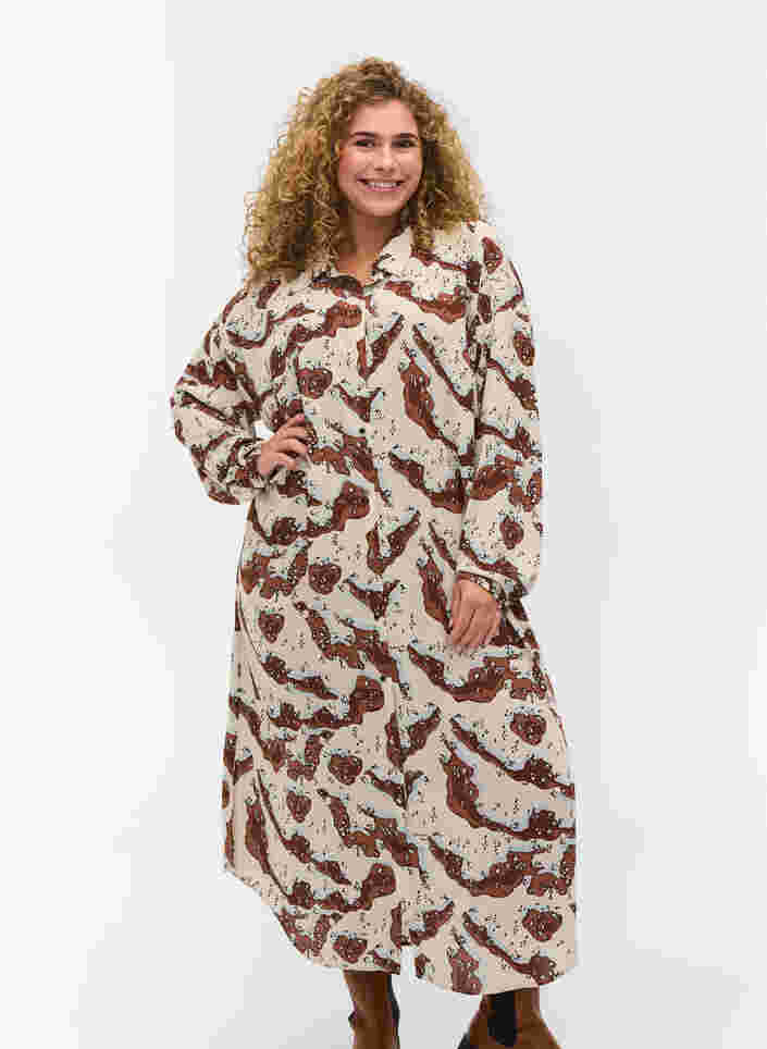 Pitkähihainen mekko kuosilla ja napituksella, Camouflage AOP, Model image number 0