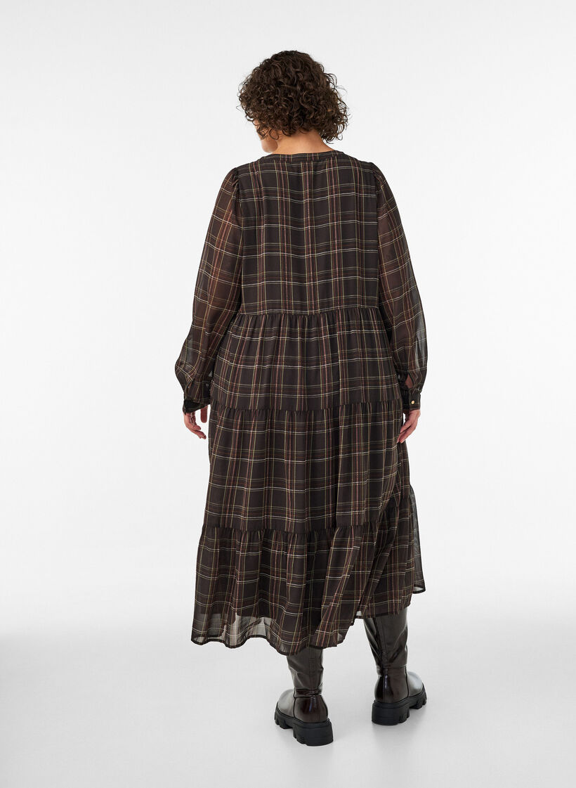 Ruudullinen midimekko kerroshelmalla, Ruskea, Model image number 1