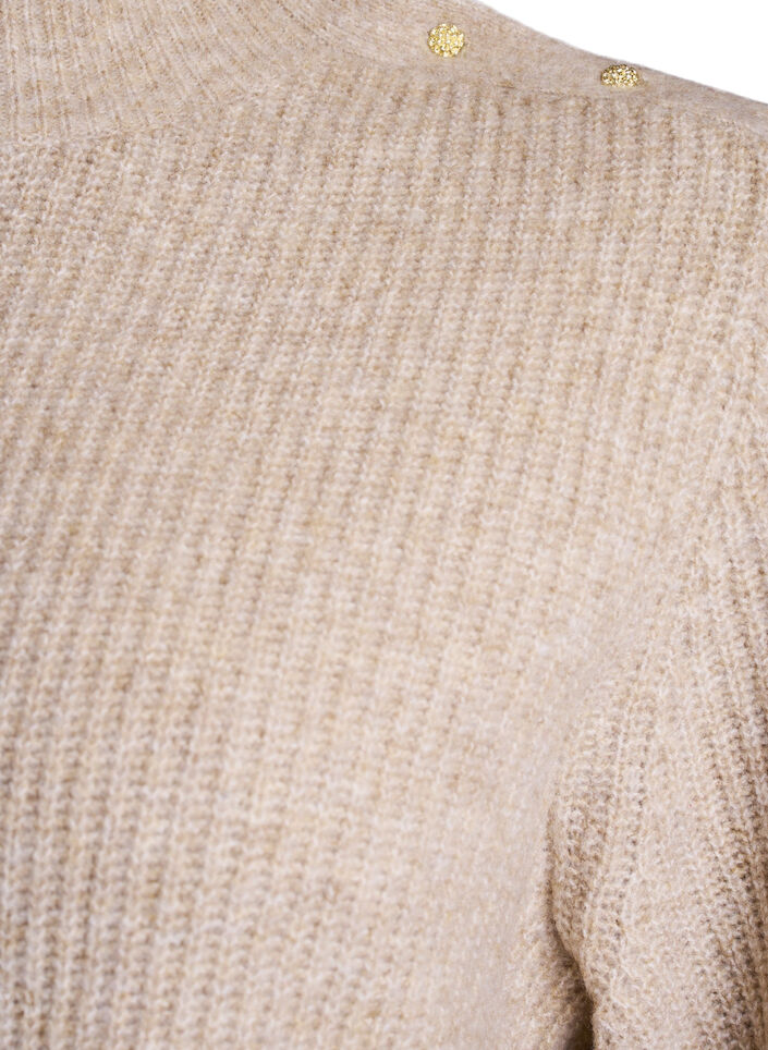 Ribattu neulepusero puff-hihoilla ja napeilla, Beige, Packshot image number 2