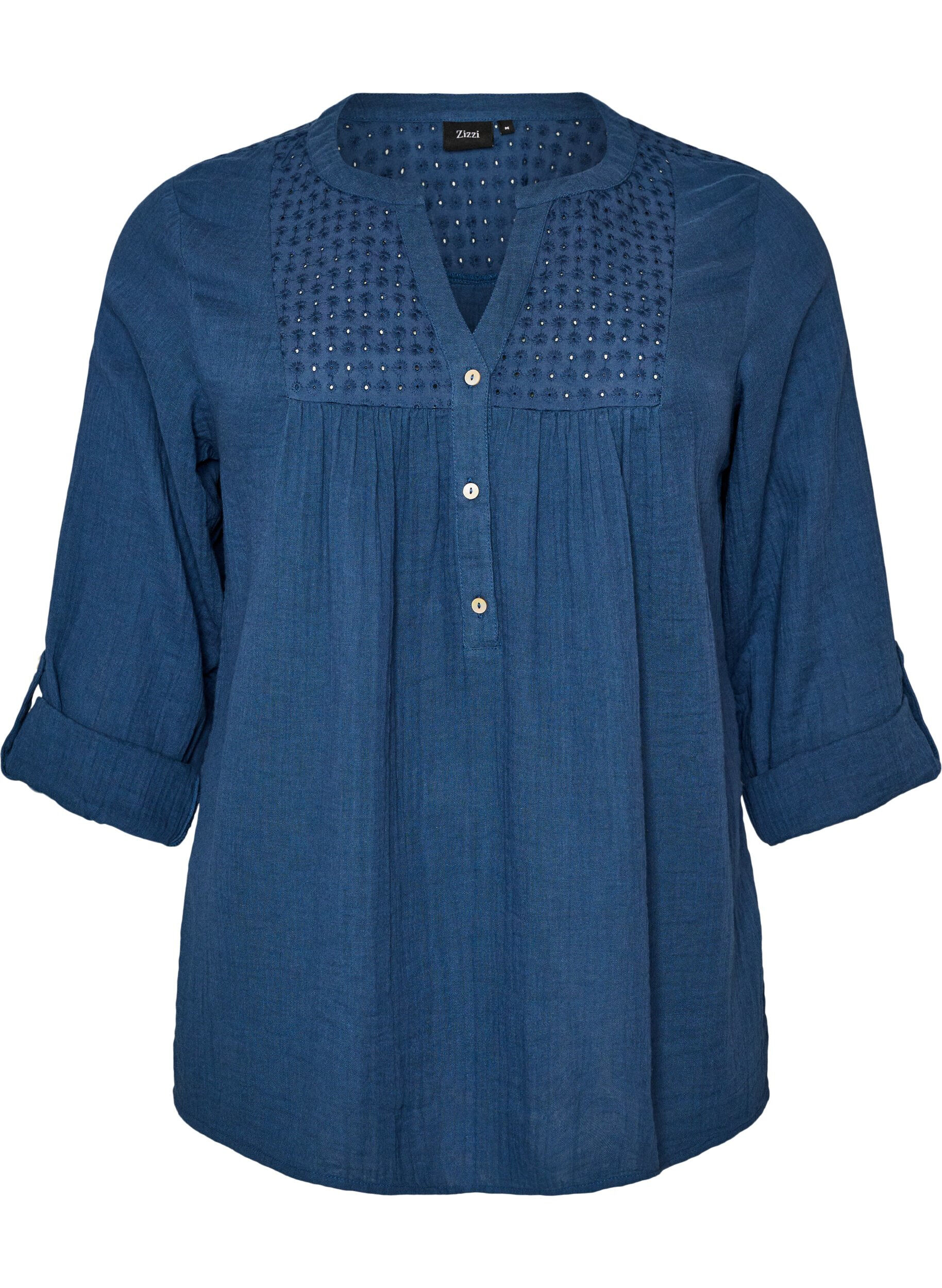 ZizziPaita puuvillamusliinissa, jossa broderie anglaise -kirjailu, Sininen, Packshot image number 0