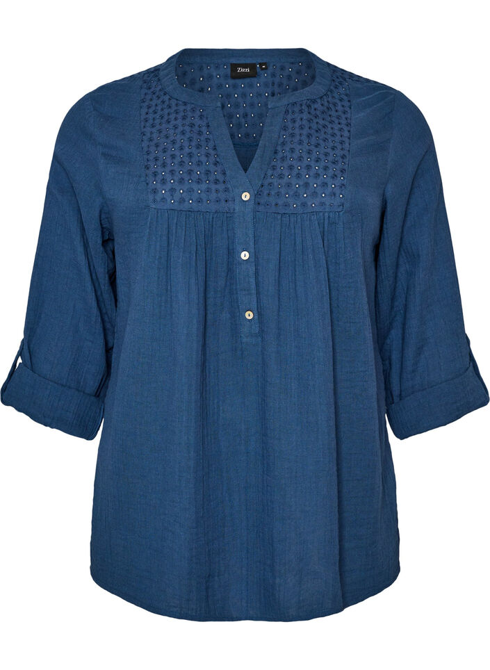 Paita puuvillamusliinissa, jossa broderie anglaise -kirjailu, Sininen, Packshot image number 0