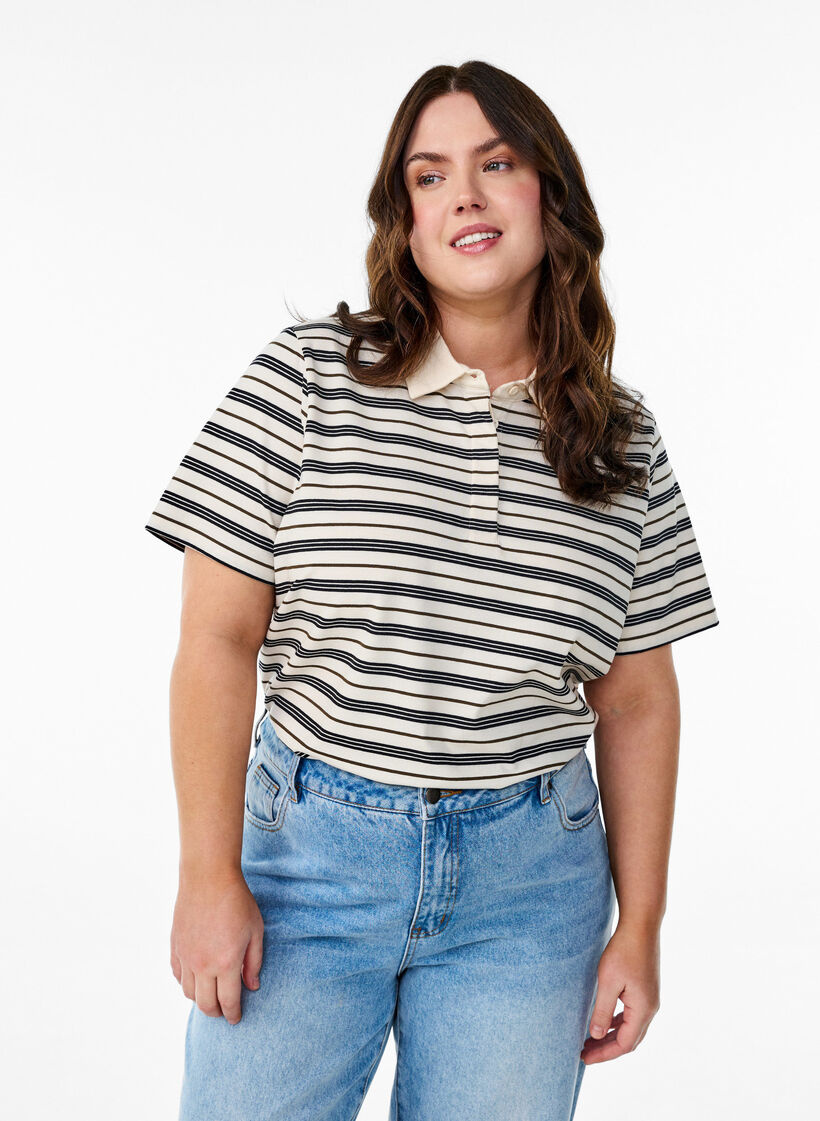 Raidallinen pikeepaita lyhyillä hihoilla, Valkoinen, Model image number 0