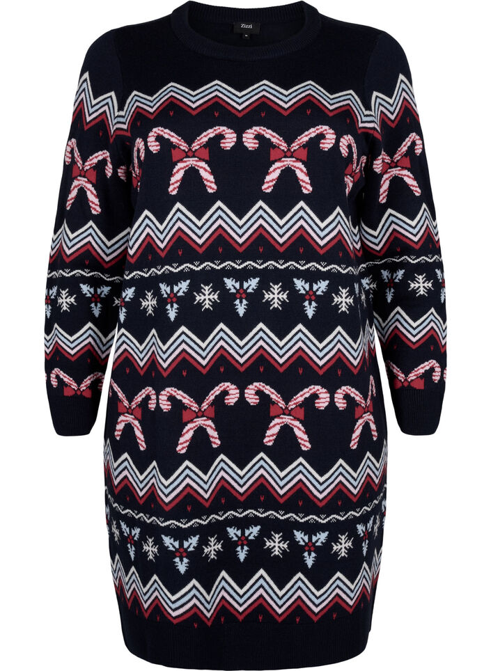 Pitkähihainen neulemekko joulukuviolla, Navy Blazer Comb, Packshot image number 0