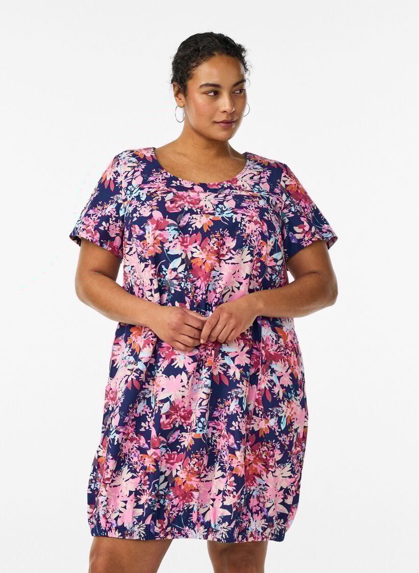 Lyhythihainen painokuvioitu puuvillamekko, Sininen, Model image number 0