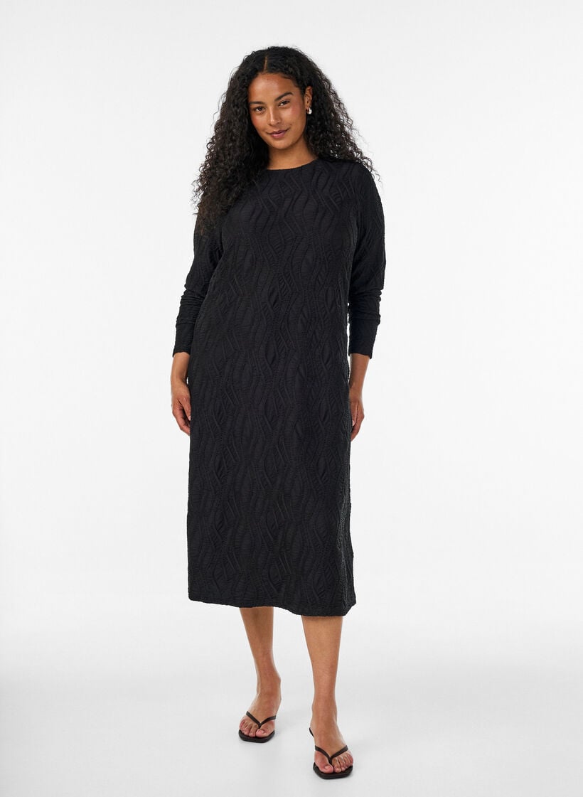 Midimekko aaltoilevalla tekstuurilla ja pitkill&auml; hihoilla, Musta, Model image number 0