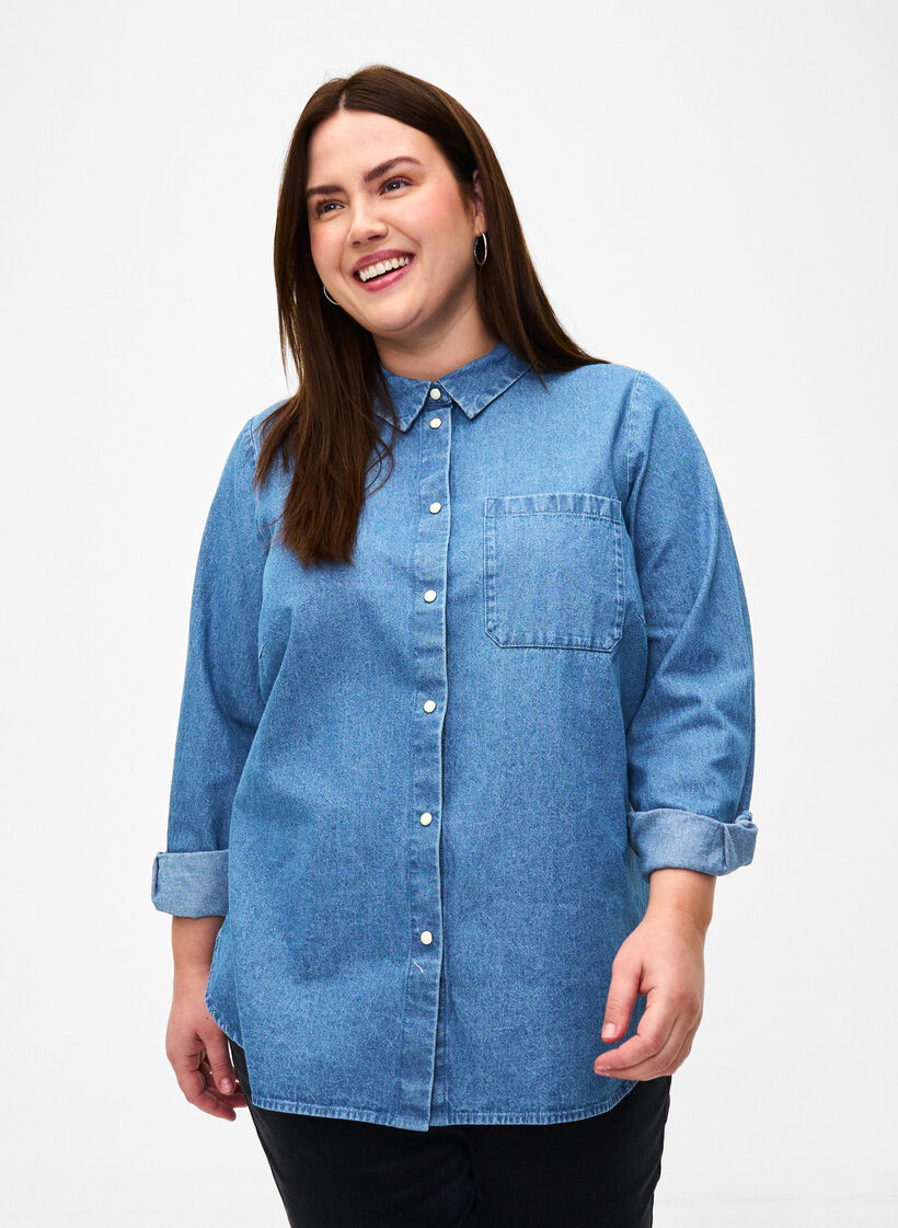 Pitkähihainen farkkupaita rintataskulla, Light Blue Denim, Model image number 0