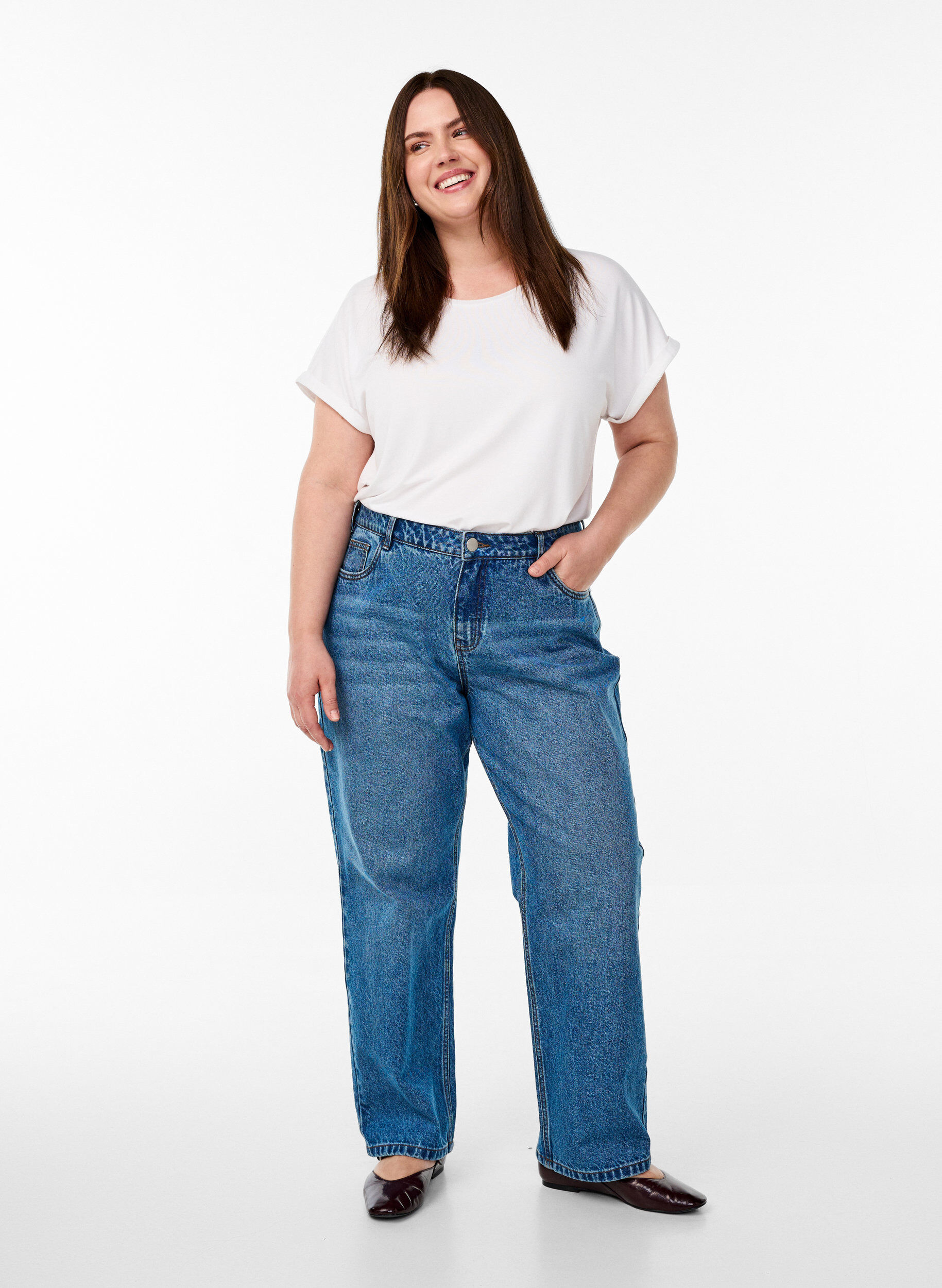 Zizzi Rento t-paita py&ouml;re&auml;ll&auml; p&auml;&auml;ntiell&auml;, Valkoinen, Model image number 1