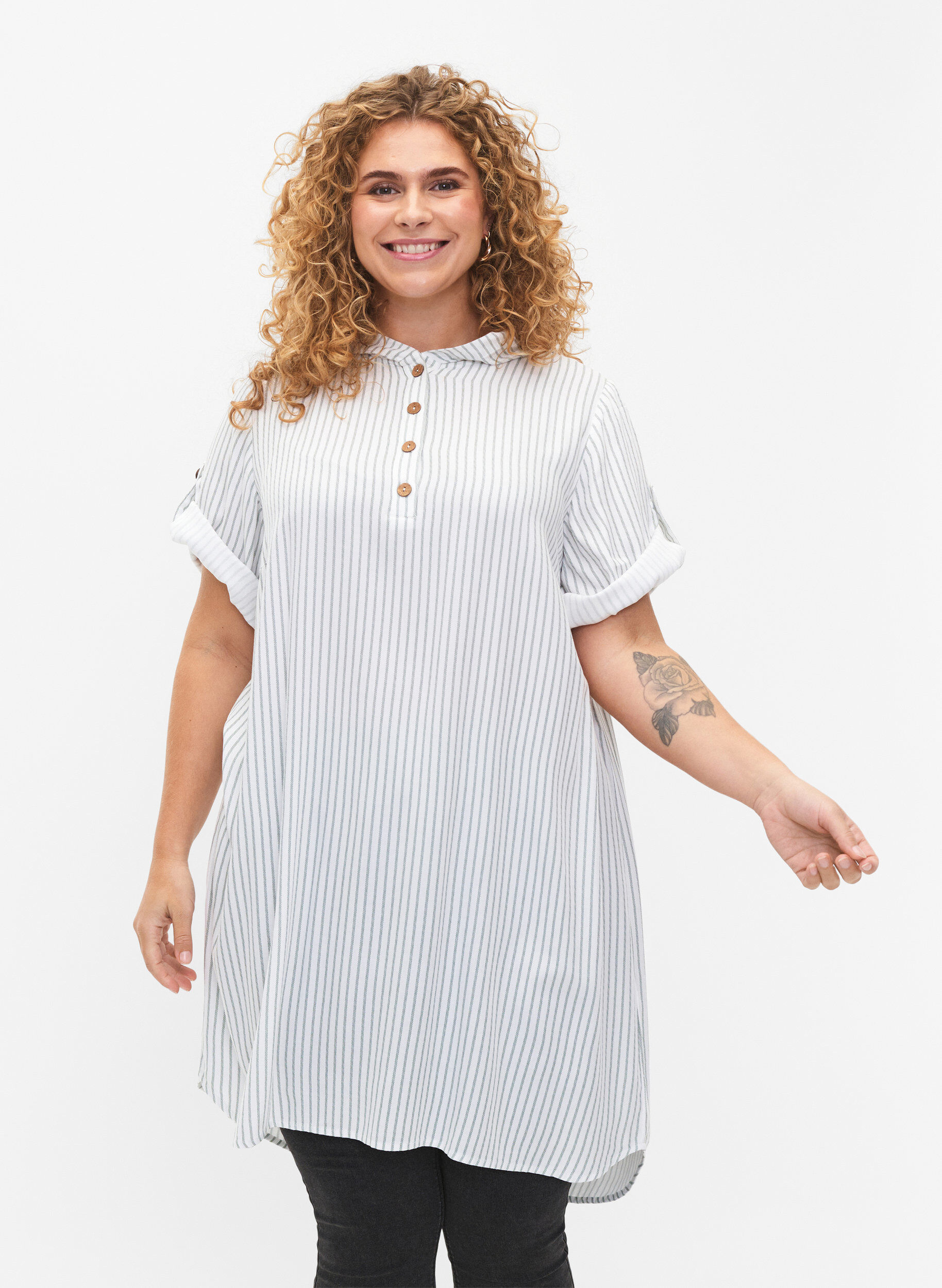 Zizzi Lyhythihainen hupullinen viskoositunika, Chinois Green Stripe, Model image number 0