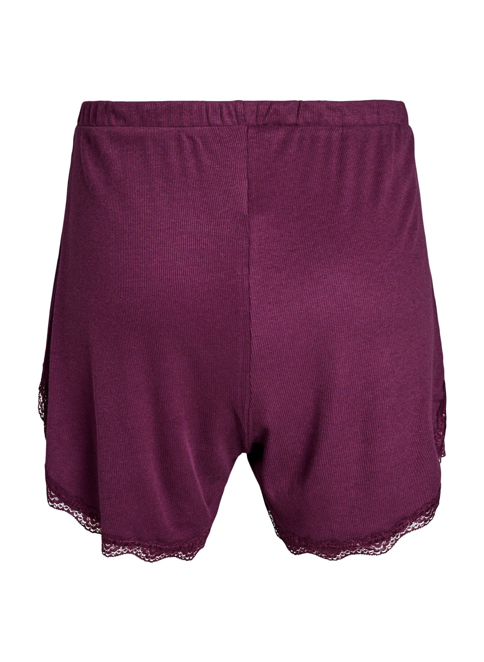 ZizziRennot y&ouml;shortsit ribatulla tekstuurilla ja pitsisomisteilla, Tumma Bordeaux, Packshot image number 1