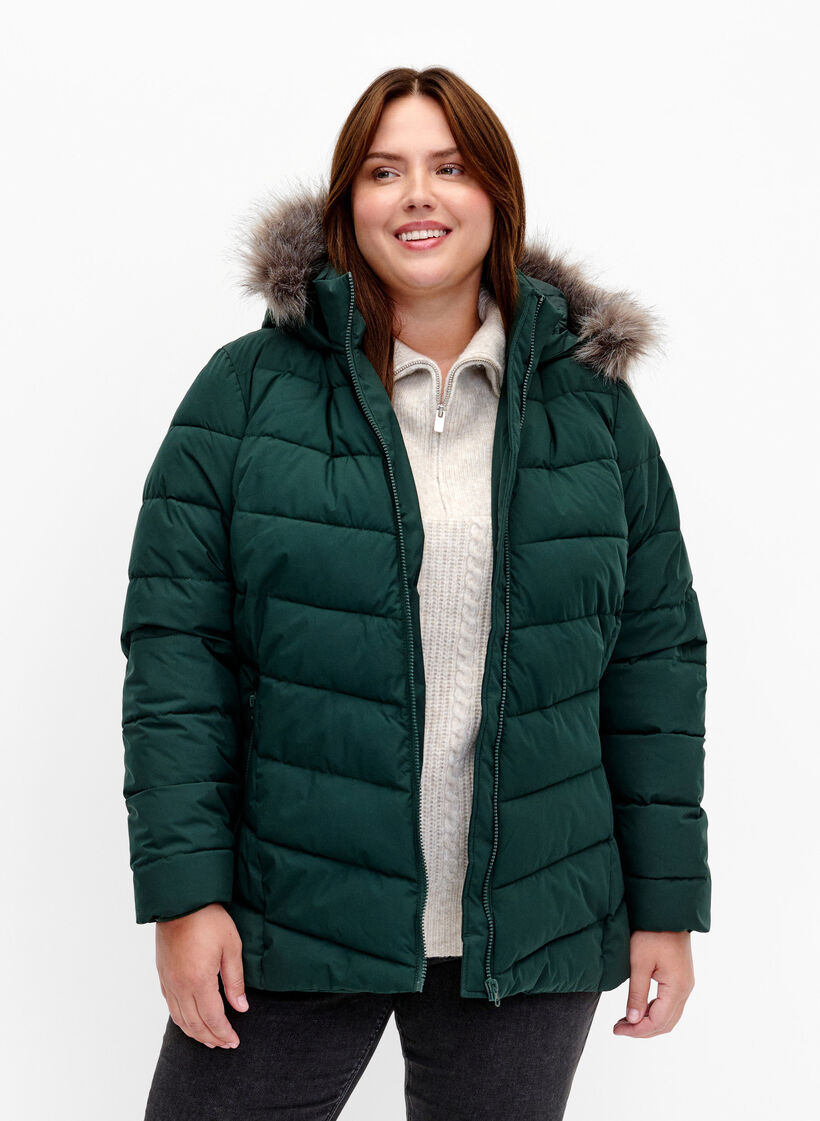 Lyhyt toppatakki hupulla, Vihre&auml;, Model image number 0