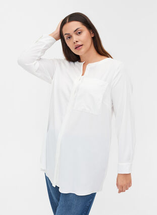 Pitkä yksivärinen paita rintataskulla, Warm Off-white, Model image number 0