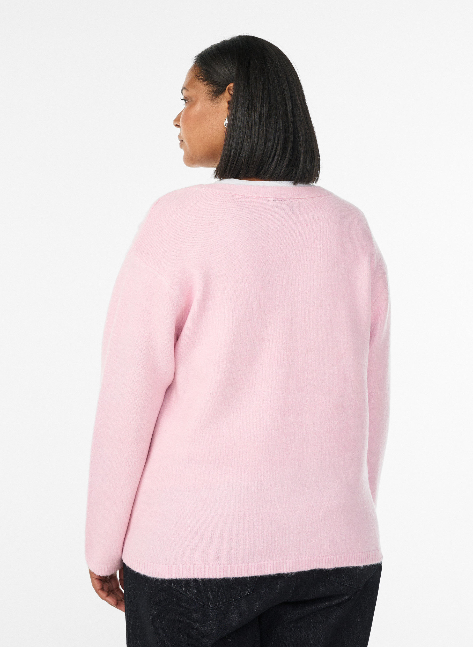 Zizzi Neuletakki V-p&auml;&auml;ntiell&auml; ja kirjailtuilla kukilla, Vaaleanpunainen, Model image number 2