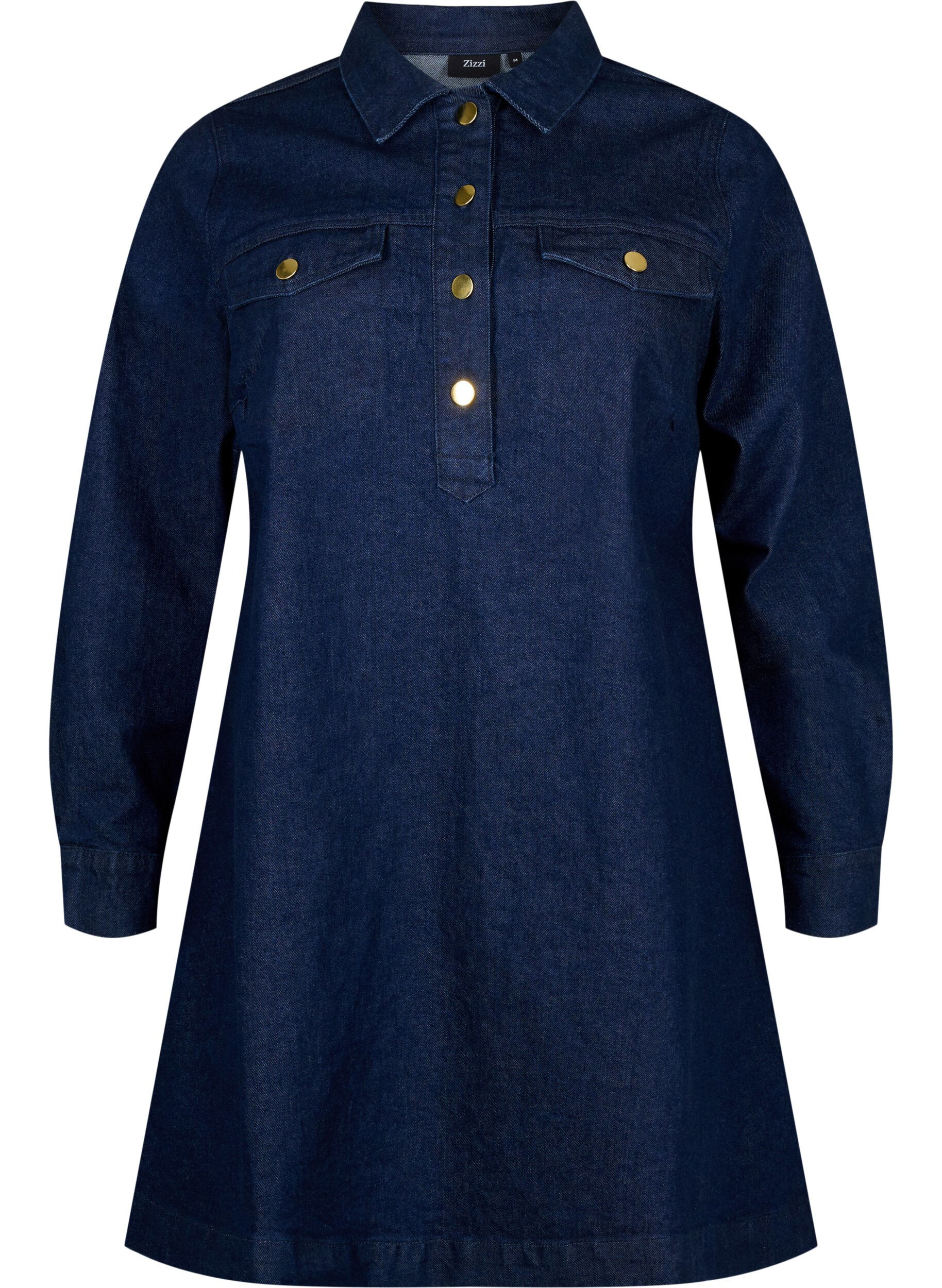Zizzi A-linjainen napitettava denimmekko, Dark Blue Denim, Packshot image number 0