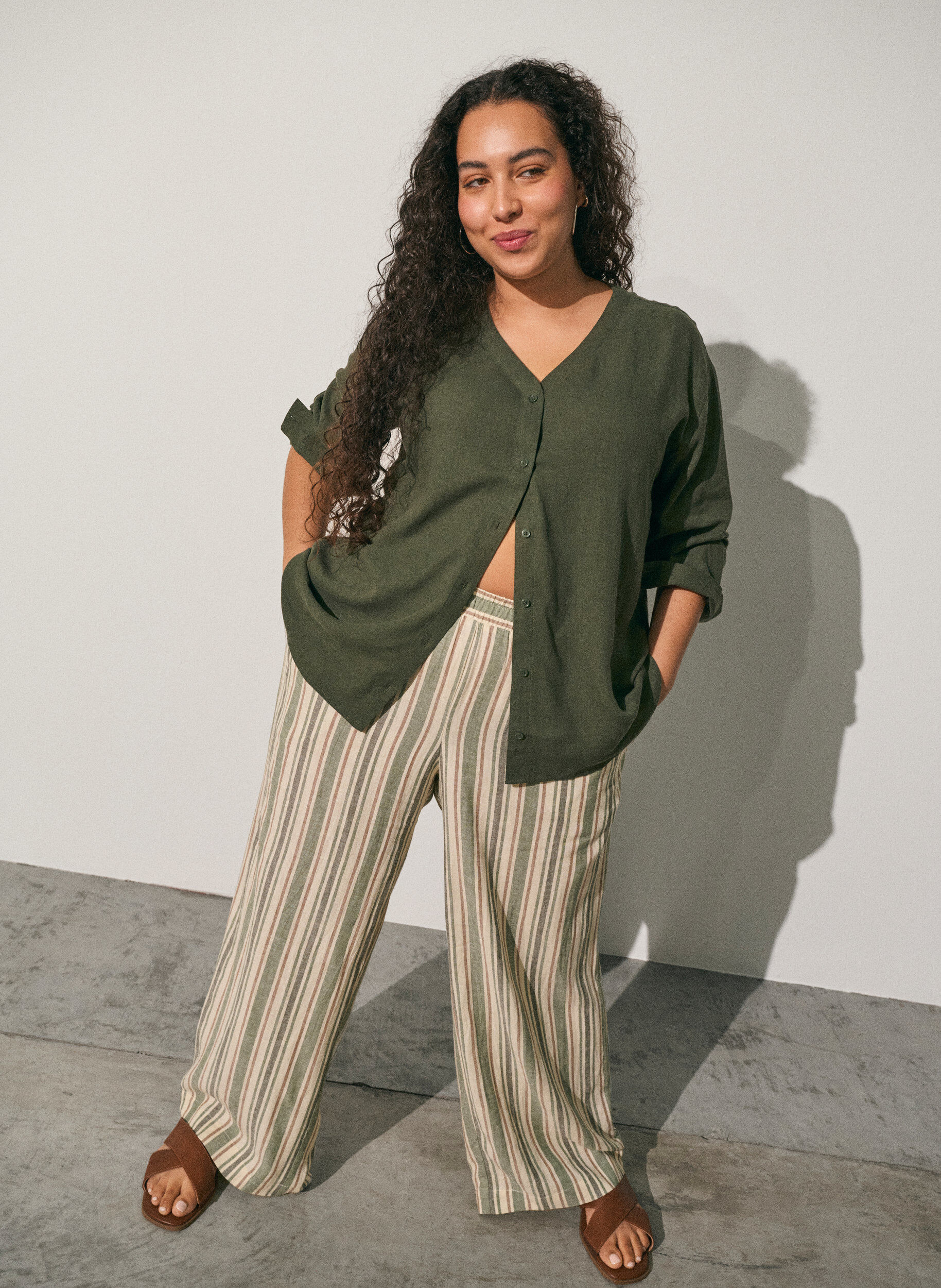 ZizziLeve&auml;lahkeiset pellava- ja viskoosihousut, Vanilja, Image image number 0