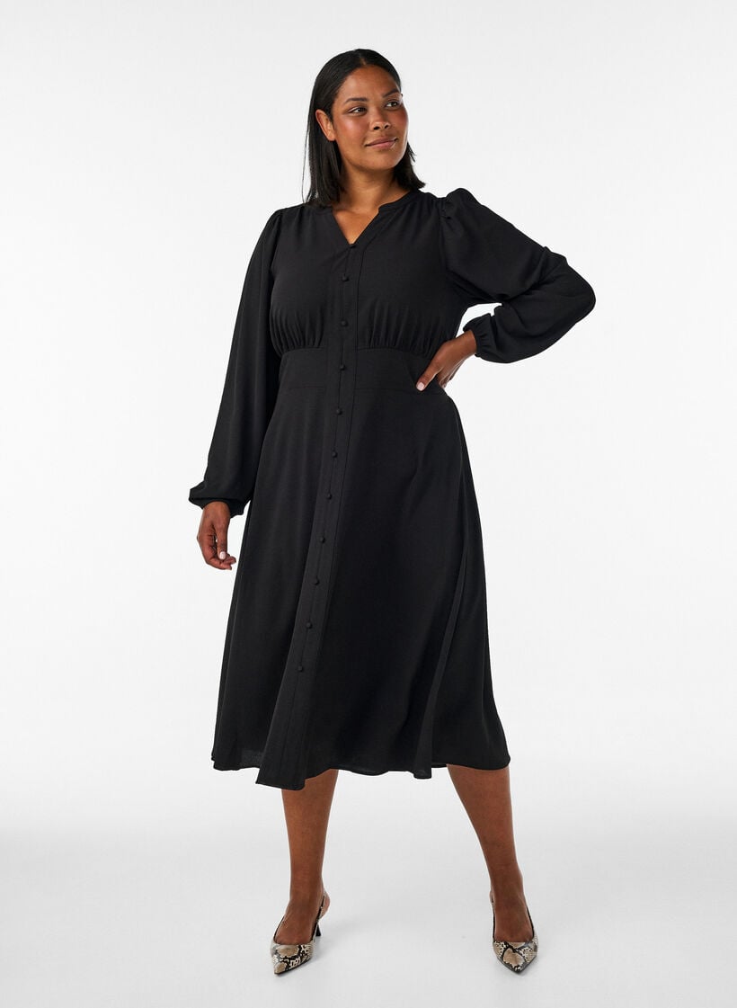 Midi-mekko smockilla ja koristeellisilla napeilla, Musta, Model image number 0