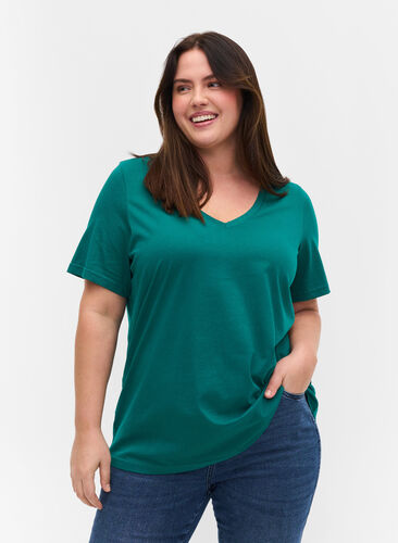 T-paita ekologisesta puuvillasta v-aukolla, Teal Green, Model image number 0