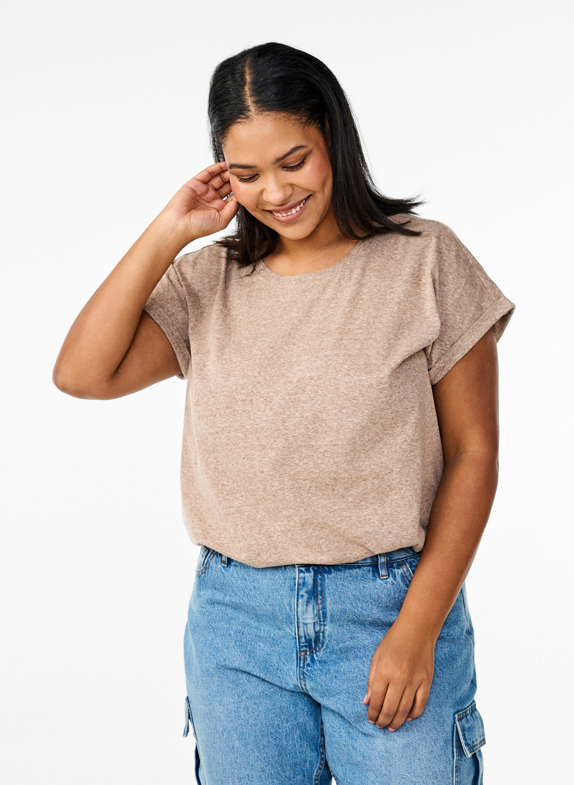 Zizzi Meleerattu T-paita lyhyill&auml; hihoilla, Ruskea, Model image number 0