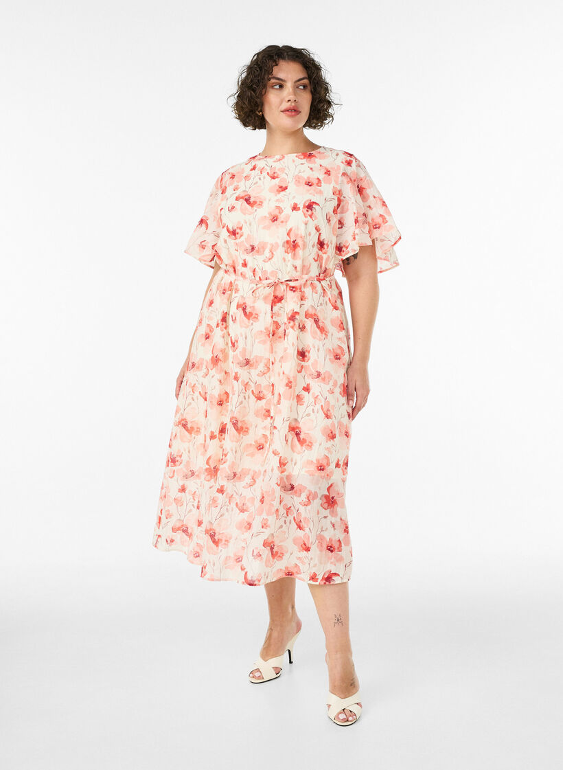 Nilkkapituinen mekko, jossa on hulmuavat hihat ja solmittava vy&ouml;t&auml;r&ouml;, Vaaleanpunainen, Model image number 0