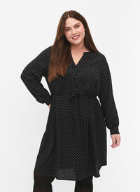 SHOKKIHINTA – kuvioitu mekko, jossa on kiristysnauha vyötäröllä, Black Dot, Model