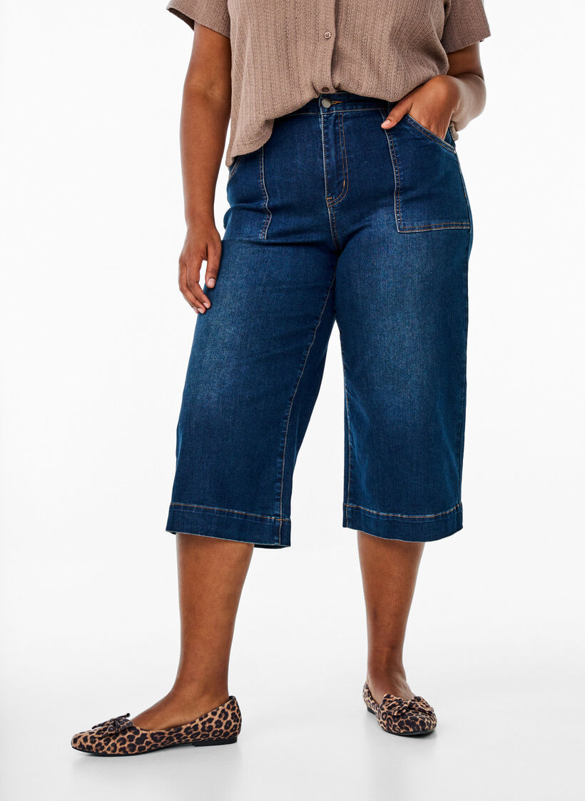 Denim-housut leveill&auml; lahkeilla, Sininen, Model image number 3