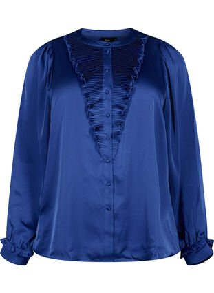 Satiininen paitapusero röyhelöyksityiskohdilla, Deep Ultramarine, Packshot image number 0