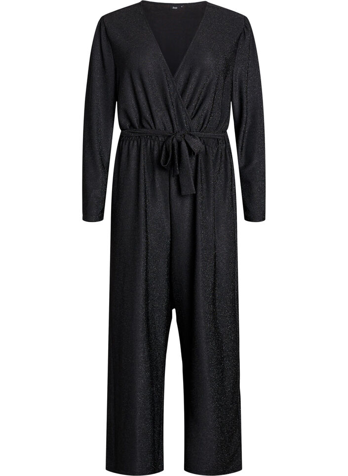 Kimaltava jumpsuit vyöllä, Musta, Packshot image number 0