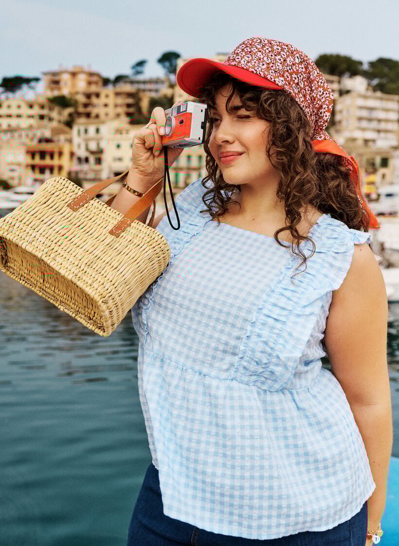 Ruudullinen toppi r&ouml;yhel&ouml;yksityiskohdilla, Sininen, Image image number 0