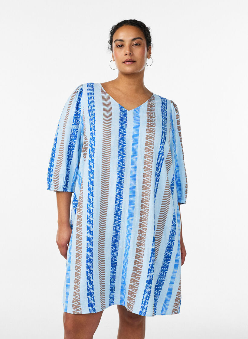 Lyhyt mekko pellavasta ja viskoosista, 3/4-hihoilla, Sininen, Model image number 0