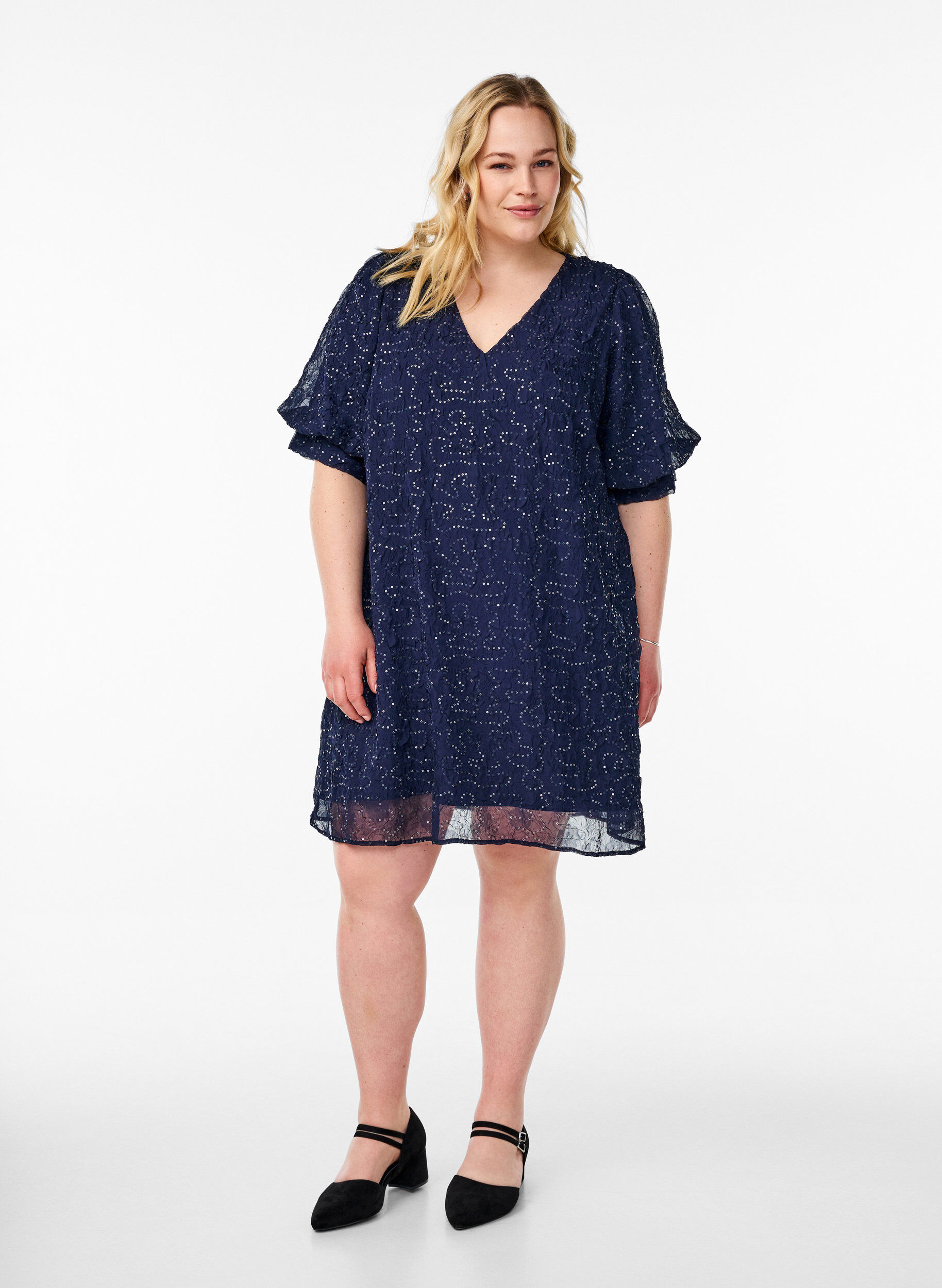 Zizzi Lyhyt juhlamekko paljeteilla, Sininen, Model image number 1